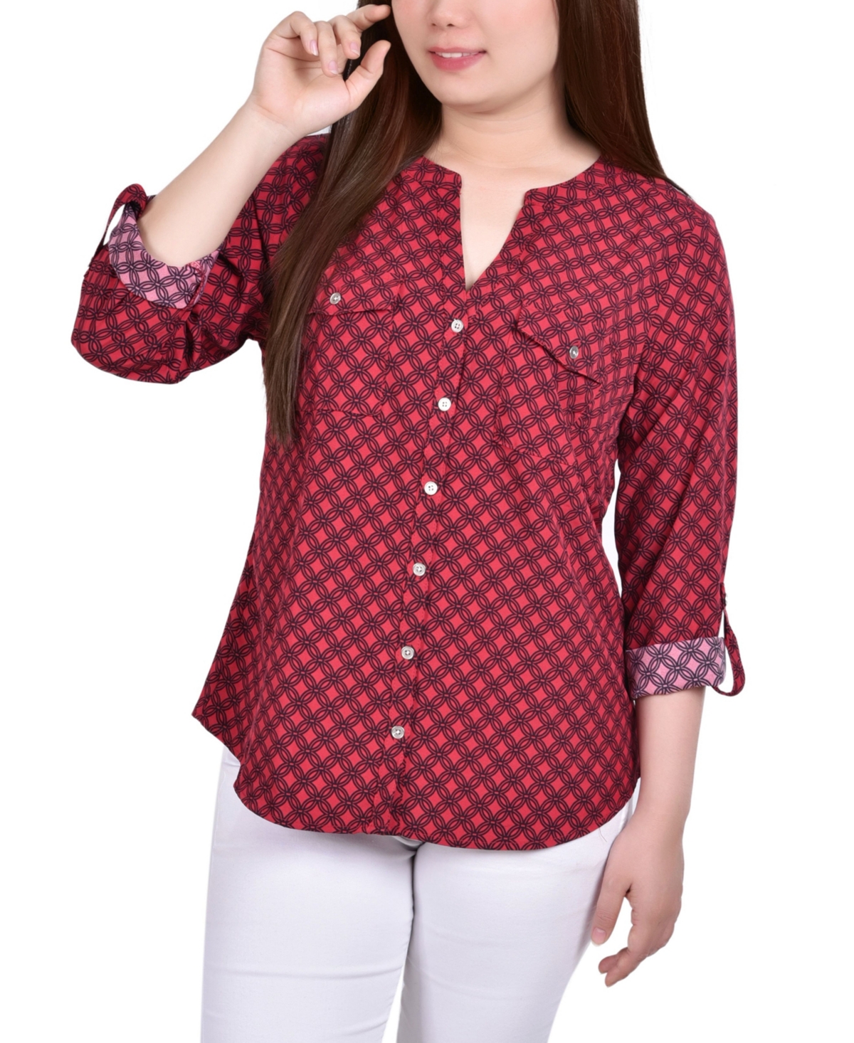 Women's Y-Neck Blouse Top - Jesper Red, Black New Iconic