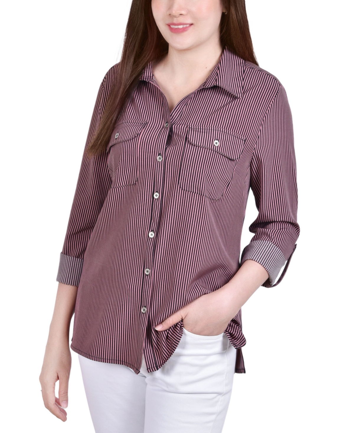 Ny Collection Women's 3/4 Roll Tab Shirt With Pockets In Lilas Blac