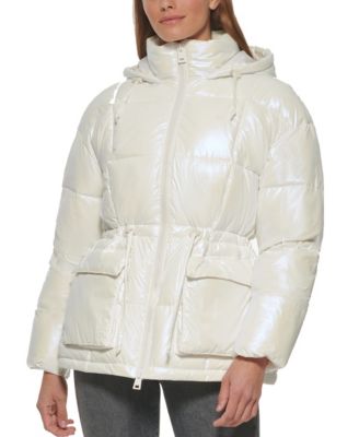 Quilted Hooded Puffer Coat with Cinch Waist