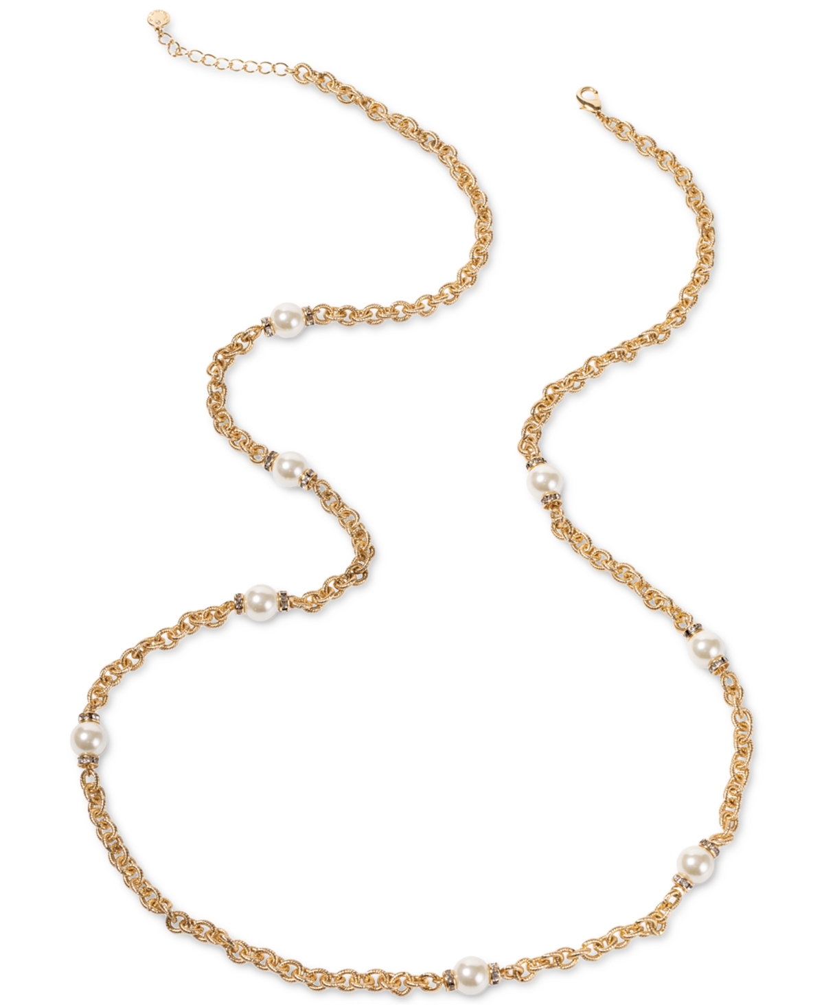 Gold-Tone Pave Rondelle Bead & Imitation Pearl Strand Necklace, 42" + 2" extender, Created for Macy's - White