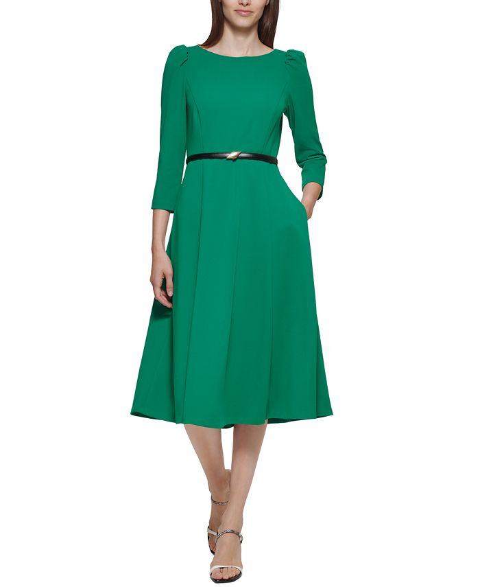 Calvin Klein 3/4-Sleeve Belted Midi Dress - Macy's