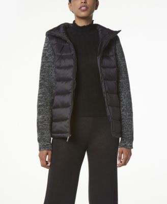 puffer jacket with sweater sleeves