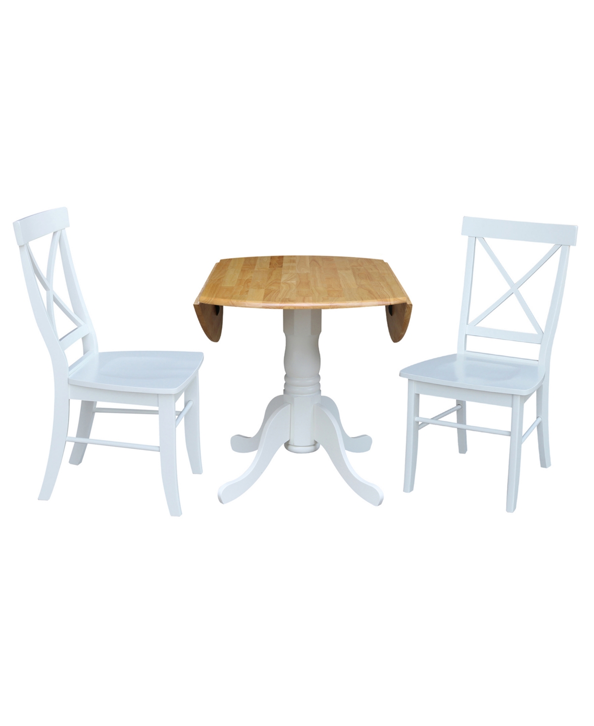 Dual Drop Leaf Table with 2 Cross Back Dining Chairs - 3 Piece Dining Set - White and Natural Table, White Chairs