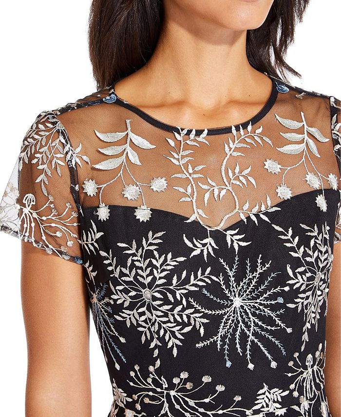 Adrianna Papell Embroidered Illusion-Neck Dress - Macy's