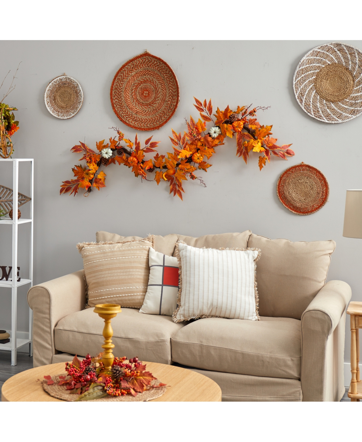 NEARLY NATURAL 6' ASSORTED AUTUMN MAPLE LEAVES, PUMPKINS, GOURDS, BERRIES AND PINECONE ARTIFICIAL FALL GARLAND 