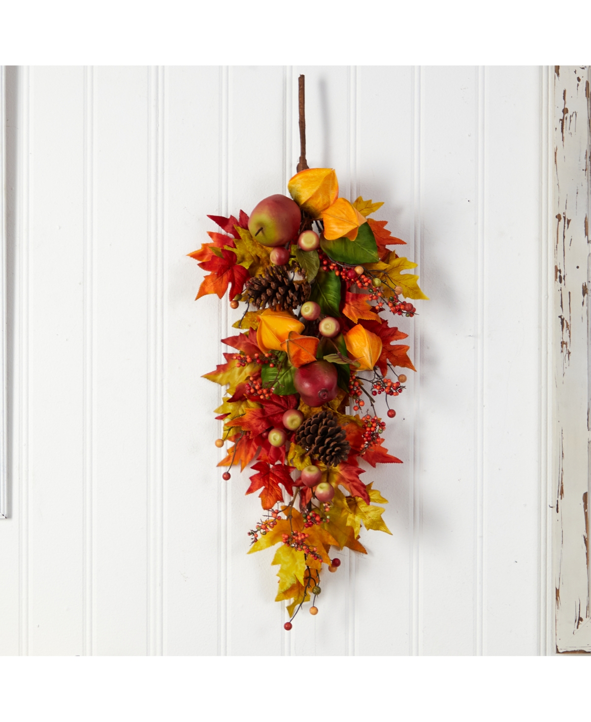 Nearly Natural 35" Autumn Maple Leaf And Berries Fall Teardrop In Orange
