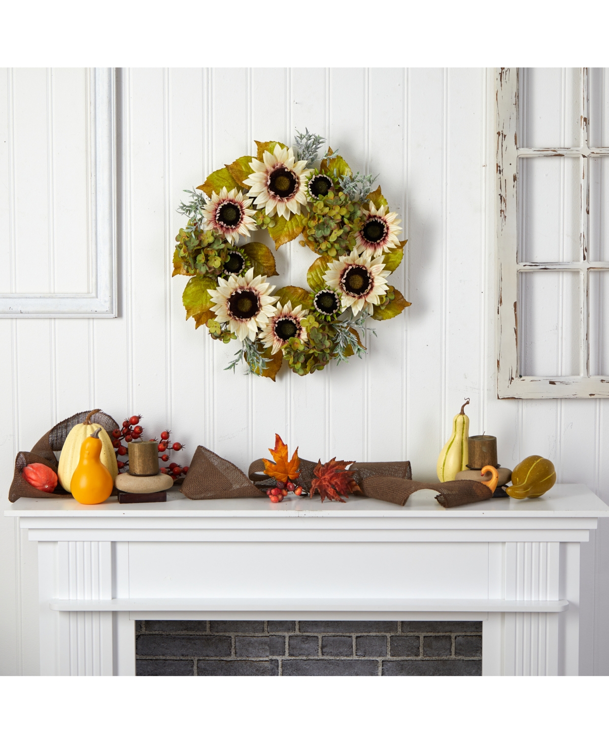 Nearly Natural 24" White Sunflower And Hydrangea Artificial Autumn Wreath In Green