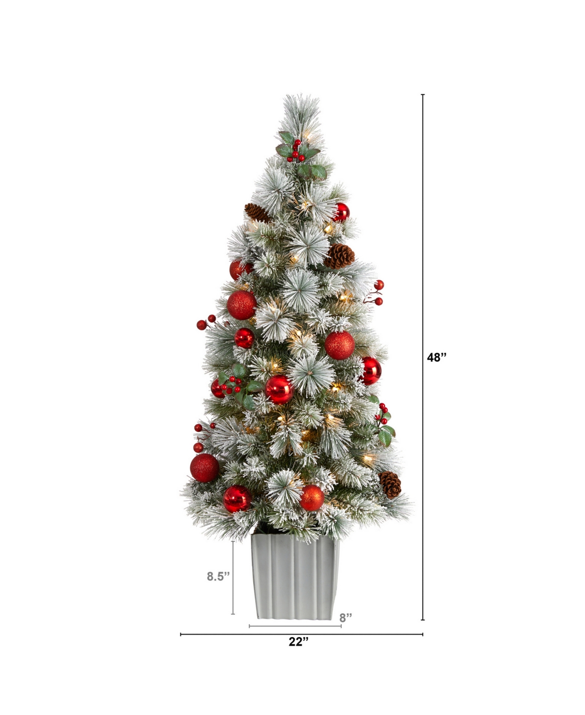 Winter Flocked Artificial Christmas Tree Pre-Lit with 50 Led Lights and Ornaments in Decorative Planter,