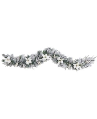 Flocked Poinsettia and Berry Artificial Christmas Garland with 50 Warm LED Lights, 6'
