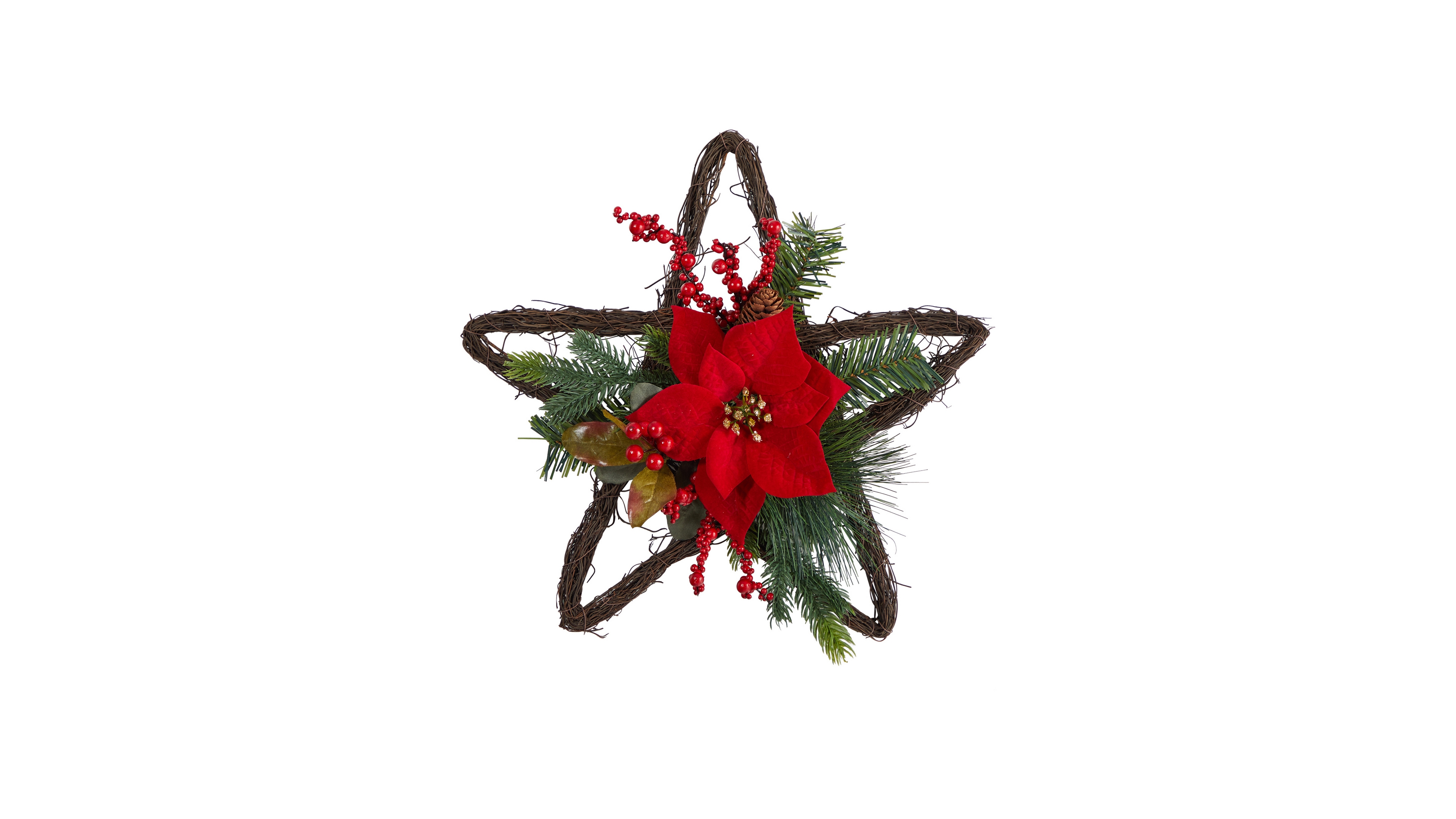 Holiday Christmas Poinsettia Star Twig Wreath, 16"
