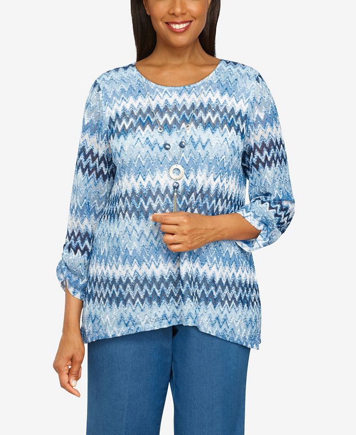 Alfred Dunner Petite Montana Sky Zig Zag Top with Necklace - Macy's