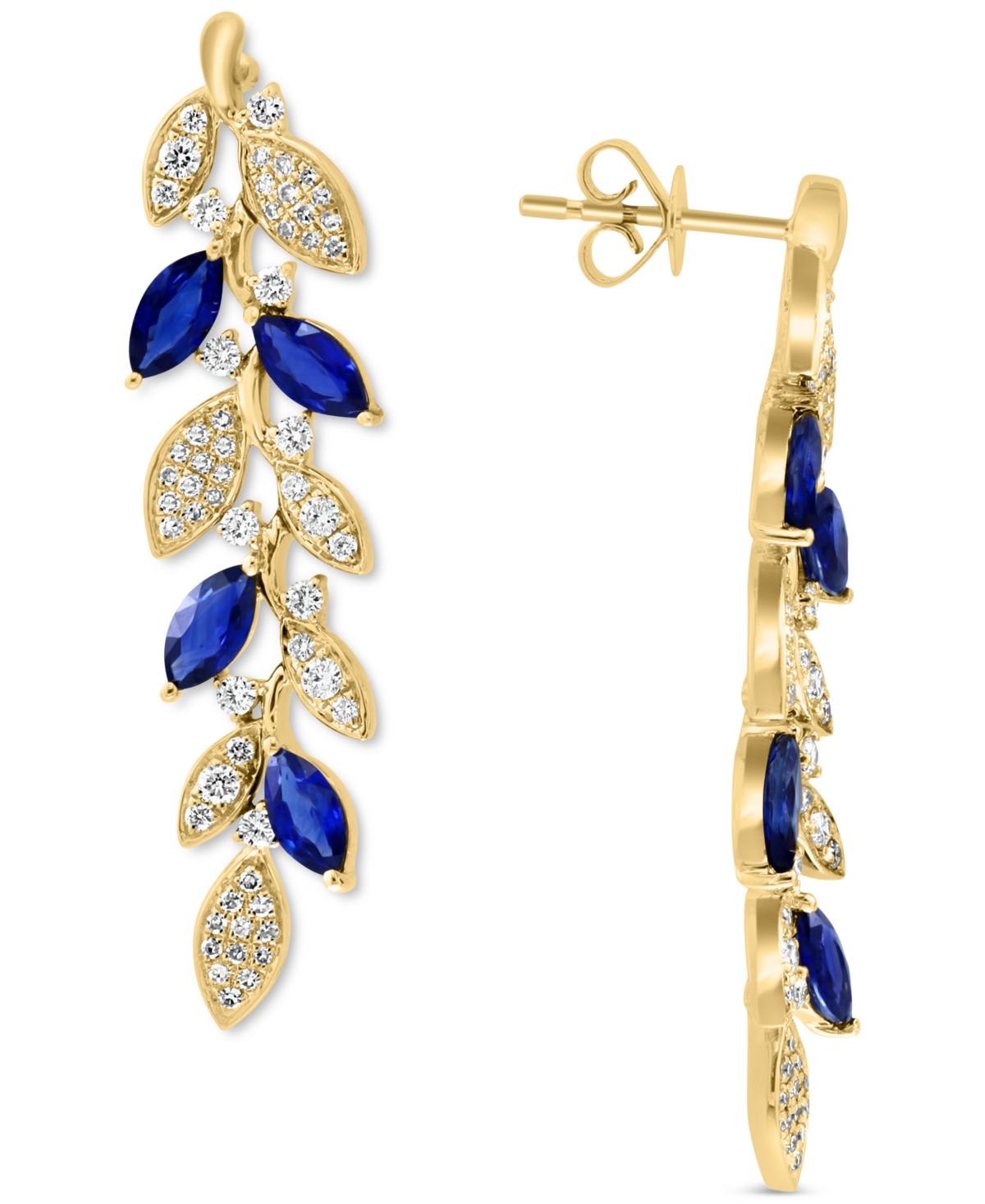 Effy Collection Effy Sapphire (2-1/5 ct. t.w.) & Diamond (3/4 ct. t.w.) Leaf Drop Earrings in 14k Gold