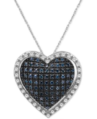 Macy's - Blue Diamond (5/8 ct. t.w.) & White Diamond (3/8 ct. t.w.) Heart Halo 18" Pendant Necklace in Sterling Silver