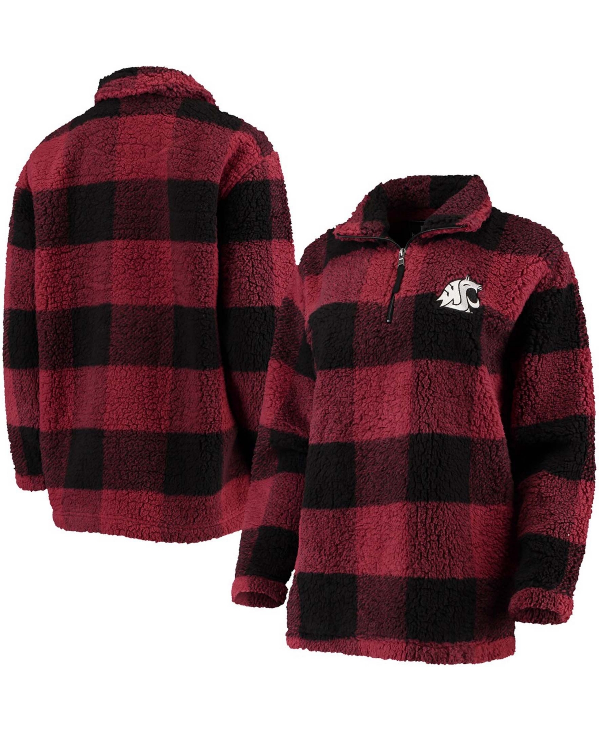 Women's Crimson, Black Washington State Cougars Plaid Sherpa Quarter-Zip Pullover Jacket - Crimson, Black