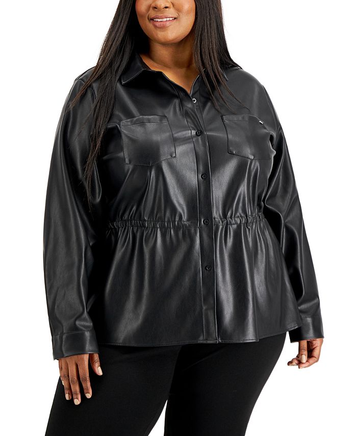 Calvin Klein Plus Size Cinched Faux-Leather Shirt & Reviews - Tops - Plus  Sizes - Macy's