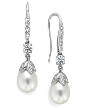 image of Arabella Bridal Cultured Freshwater Pearl (8mm) and Swarovski Zirconia (1-5/8 ct. t.w.) Leaf Drop Earrings in Sterling Silver