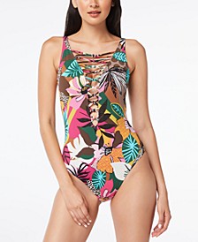 Printed Lace-Up Over-the-Shoulder One-Piece Swimsuit
