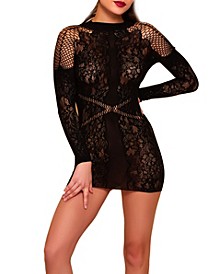 Women's Jia Mock Neck Long Sleeve Knit Chemise with Flower Pattern and Diamond Net Details