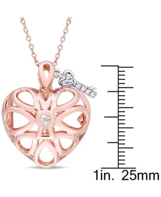White Topaz Heart Lock & Key 18" Pendant Necklace in Sterling Silver & 18k Rose Gold-Plate