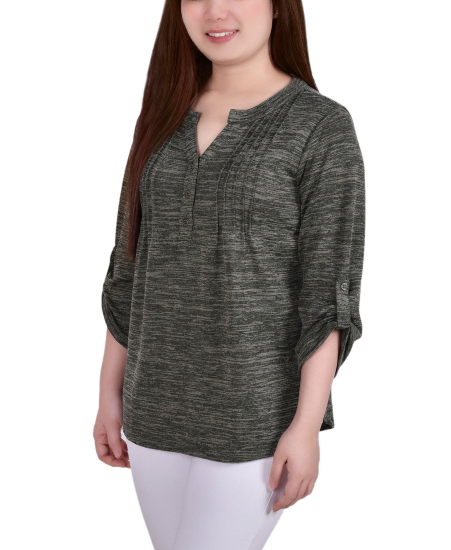 Petite 3/4 Roll Tab Sleeve Pintuck Top