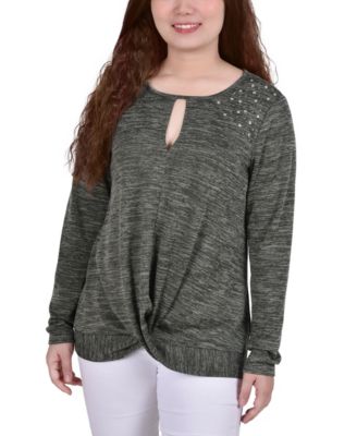 Petite Long Sleeve Knit Keyhole Top