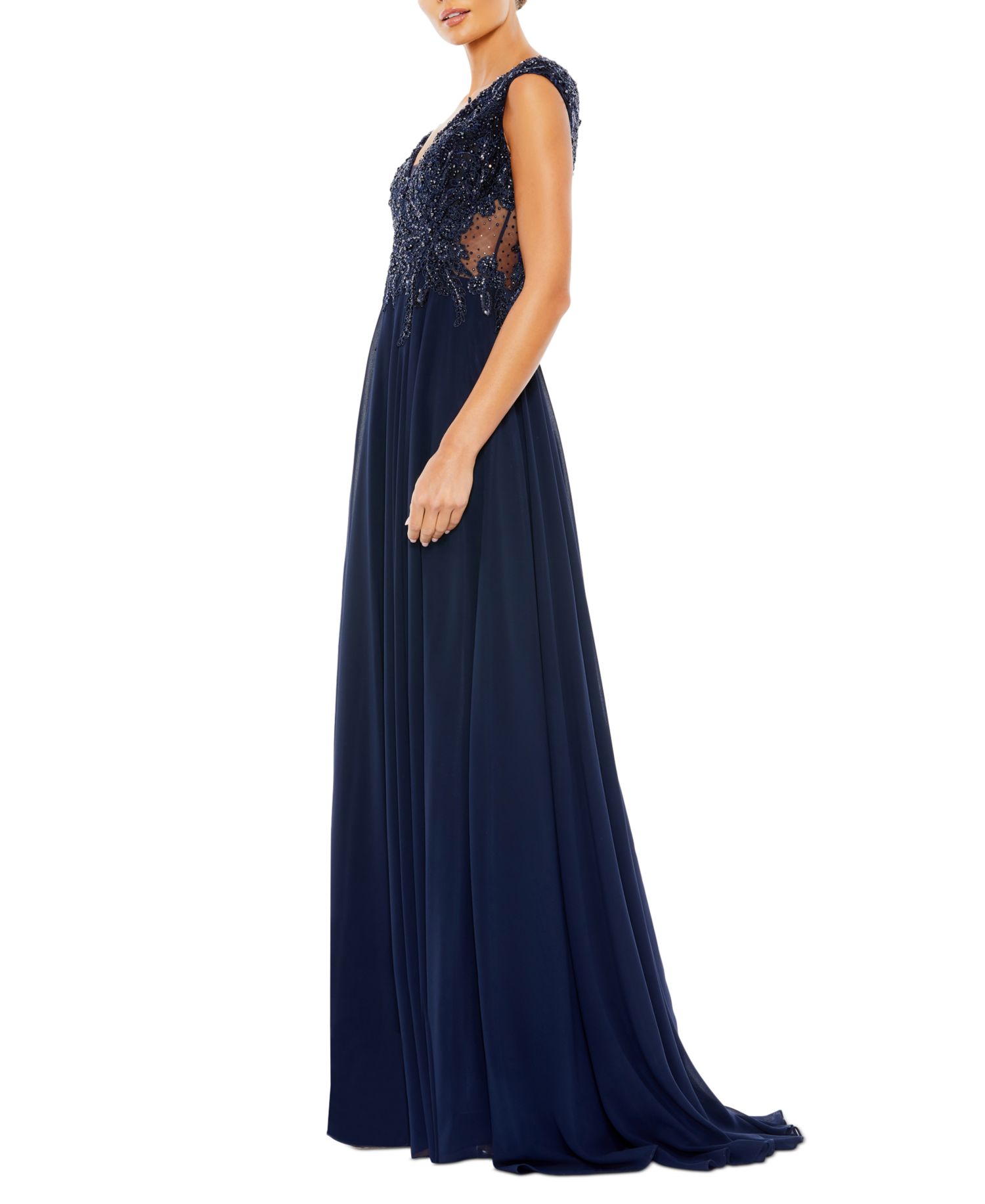 Women's Appliqued Cap Sleeve Bodice Flowy Gown