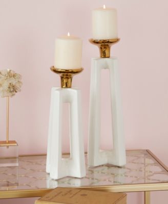 by Cosmopolitan Set of 2 White Ceramic Modern Candle Holder, 12", 14"