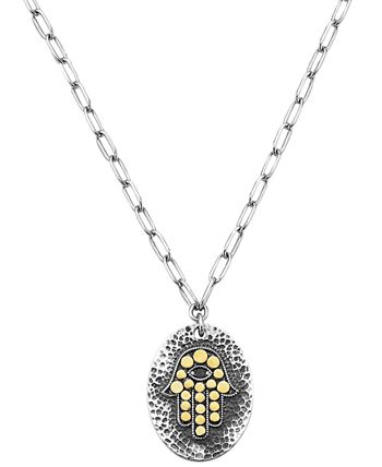 EFFY Collection - Black & White Diamond Accent Hamsa Hand 18" Pendant Necklace in Sterling Silver & 18k Gold