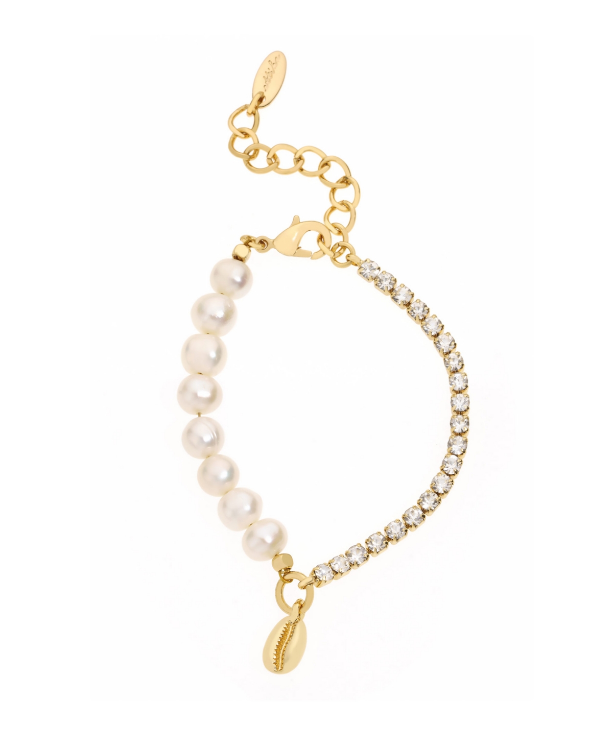 Cowrie Shell, Cultivated Freshwater Pearl Glass Bracelet - Gold-Plated