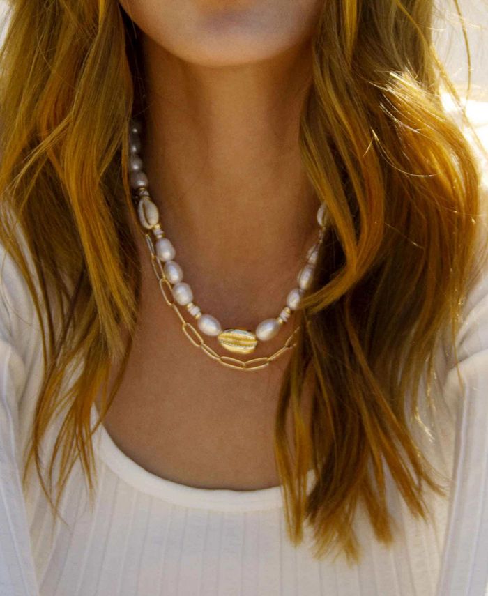 ETTIKA Double Layered Gold-Plated Chain Freshwater Pearl Shell Necklace ...