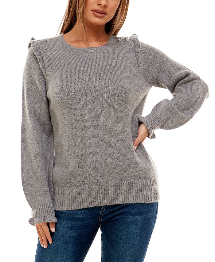 Adrienne Vittadini Women's Long Sleeve Ruffle Cuff with Jewel Detail  Sweater - Macy's