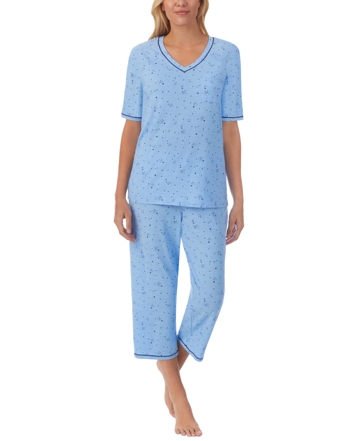 Printed Elbow-Sleeve Top & Capri Pants Pajama Set - Grey Ditsy