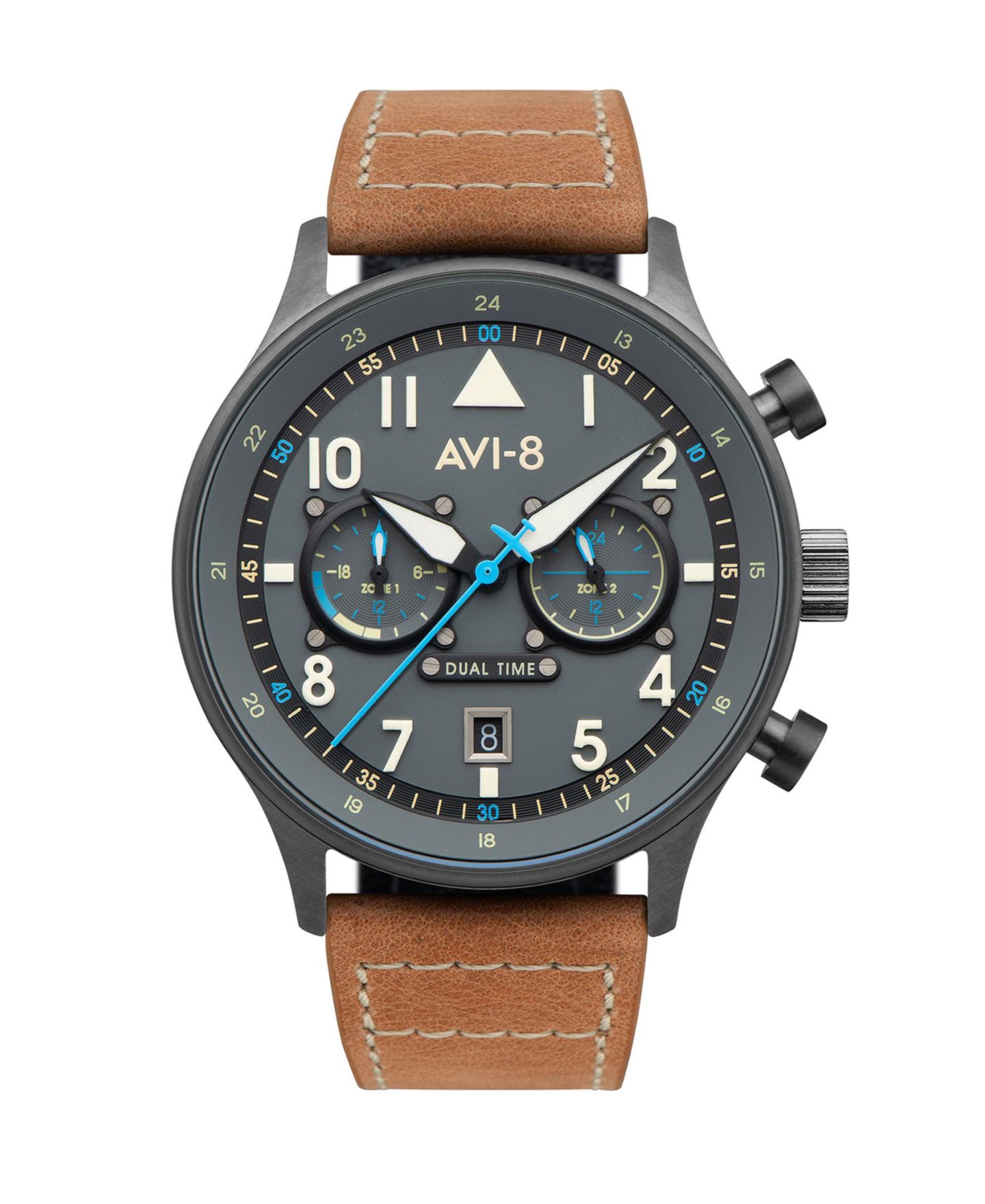Мужские часы AVI-8 Hawker Hurricane Carey Dual Time Orissa Beige Genuine Leather Strap Watch 43mm — фото 1