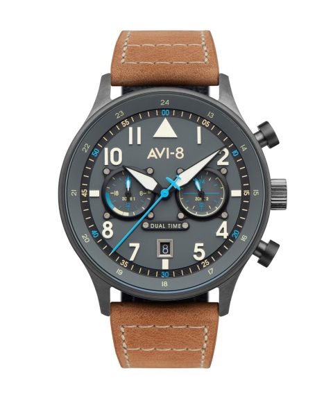 Мужские часы AVI-8 Hawker Hurricane Carey Dual Time Orissa Beige Genuine Leather Strap Watch 43mm