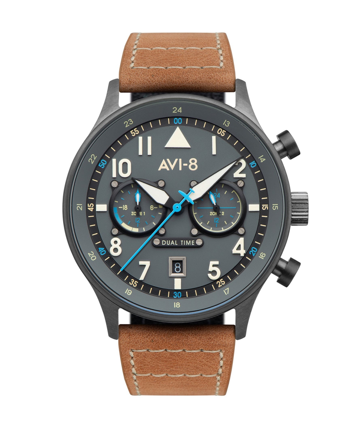 Men's Hawker Hurricane Carey Dual Time Orissa Beige Genuine Leather Strap Watch 43mm - Beige