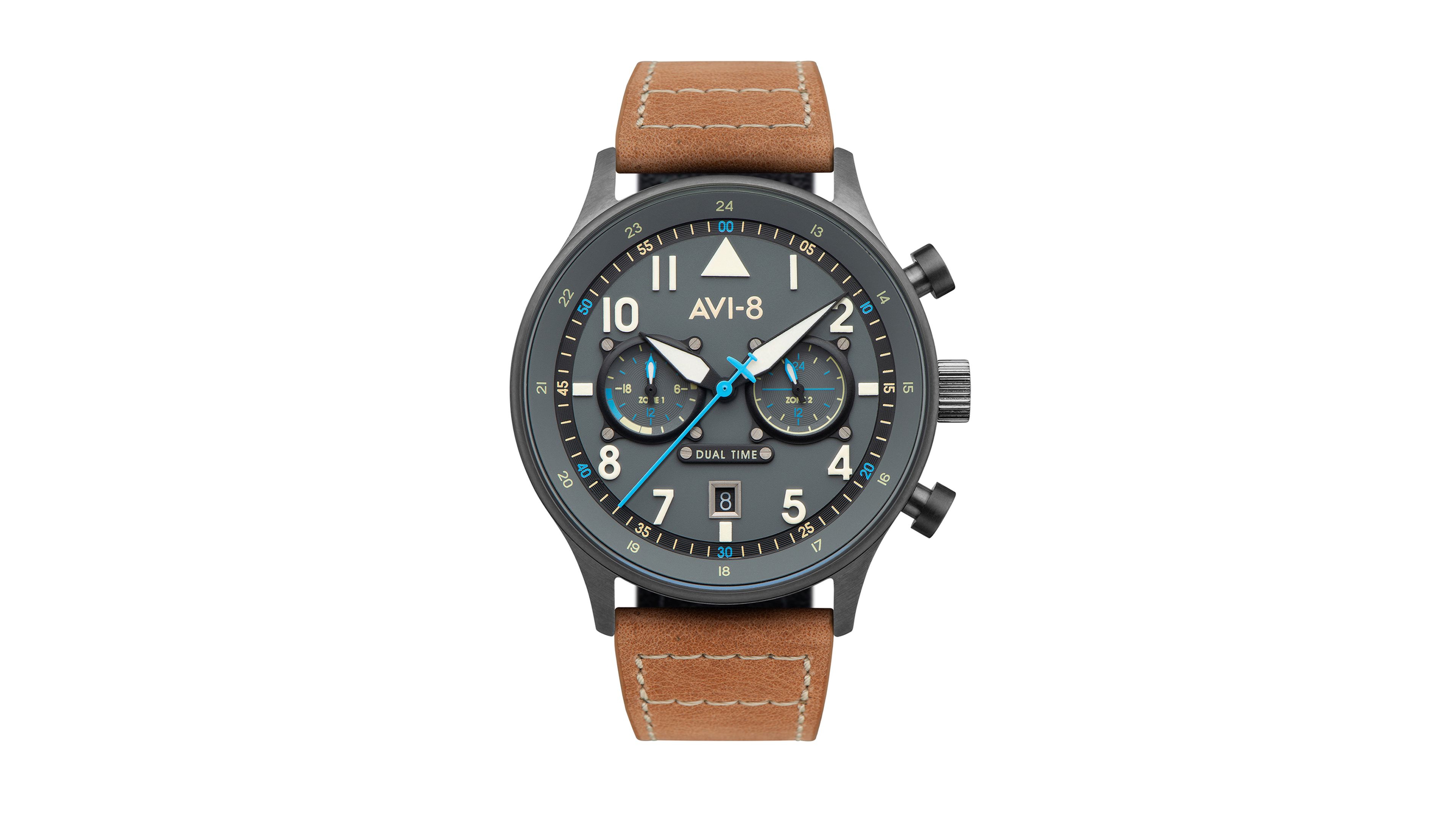 Avi-8 Men's Hawker Hurricane Carey Dual Time Orissa Beige Genuine Leather Strap Watch 43mm