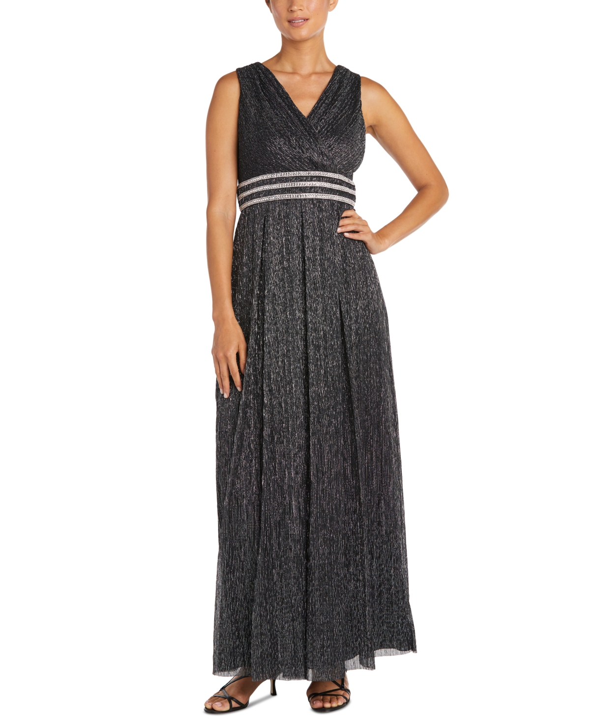 R & M Richards Crinkle Pleated Gown In Black,silver
