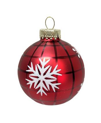 Kurt Adler 80MM Red Plaid with Snowflakes Glass Ball Ornaments, 6 Piece ...