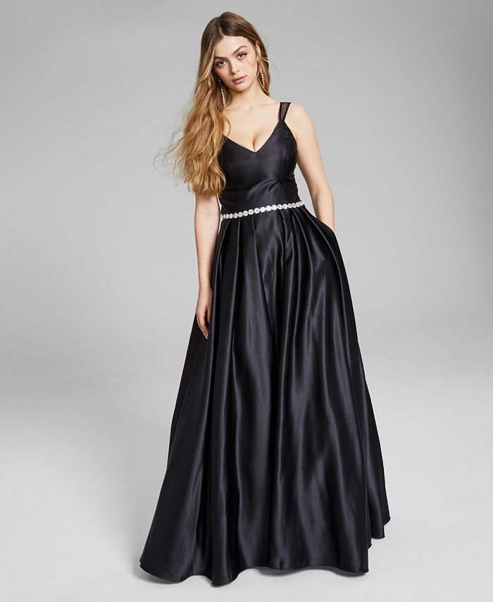 Blondie Nites Juniors Embellished Waist Satin Ball Gown Macy s