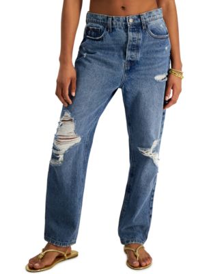 Vanilla Star Juniors' 90s Distressed Cotton Straight-Leg Jeans