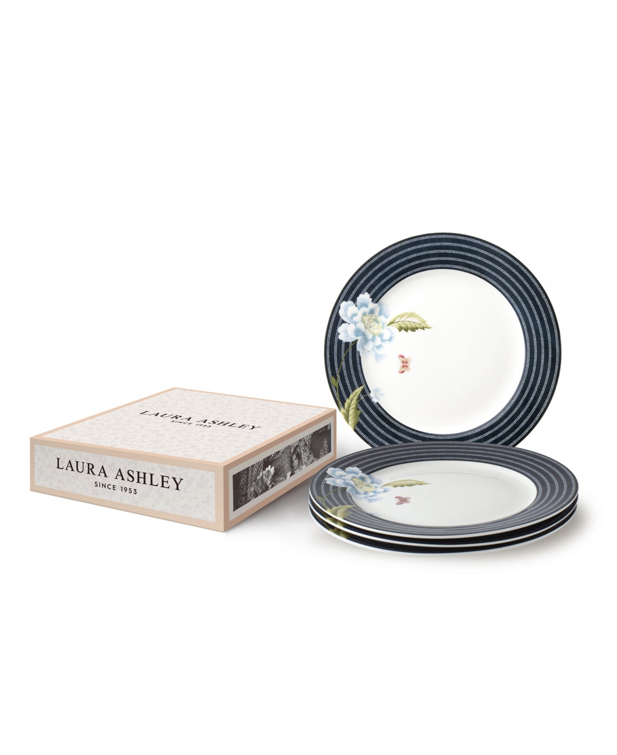 Closeout! Laura Ashley Heritage Collectables Midnight Candy Plates in Gift Box, Set of 4 - White with Dark Blue Stripes