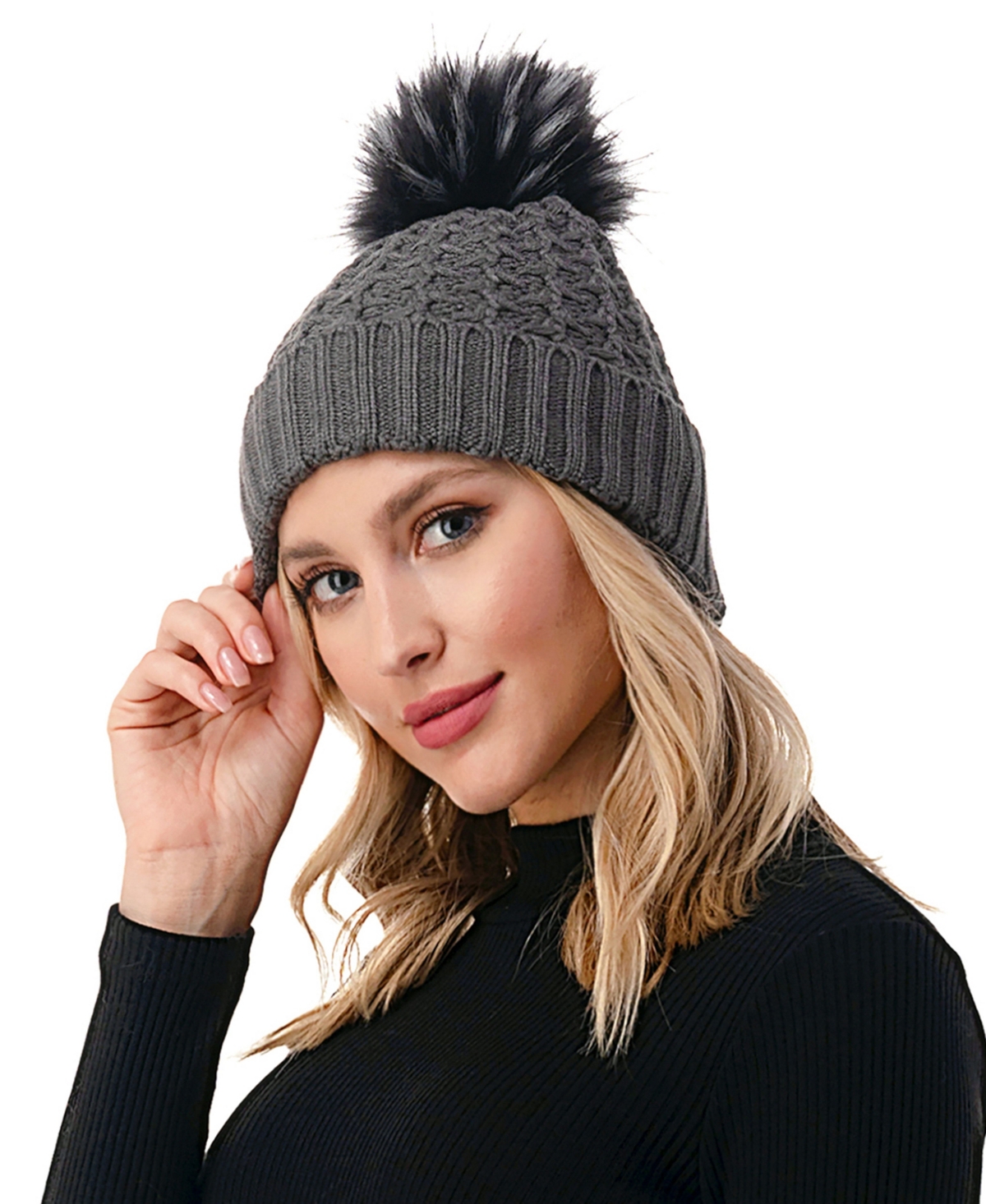 Marcus Adler Women's Cable Knit Faux Fur Pom Beanie