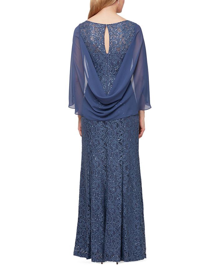 Alex Evenings Sequin Lace Long Dress With Chiffon Cape Sleeves