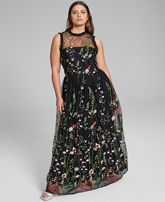 City Studios Trendy Plus Size Ruffle-Trim Embroidered Gown, Created for ...