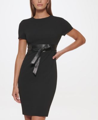 Solid Faux-Leather Tie-Waist Sheath Dress