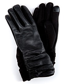 Women's Rouched Genuine Leather and Jersey Touchscreen Gloves