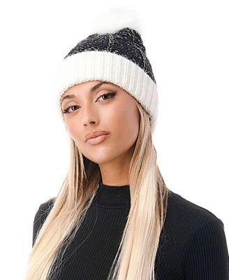 Women's Lurex Colorblock Faux Fur Pom Beanie