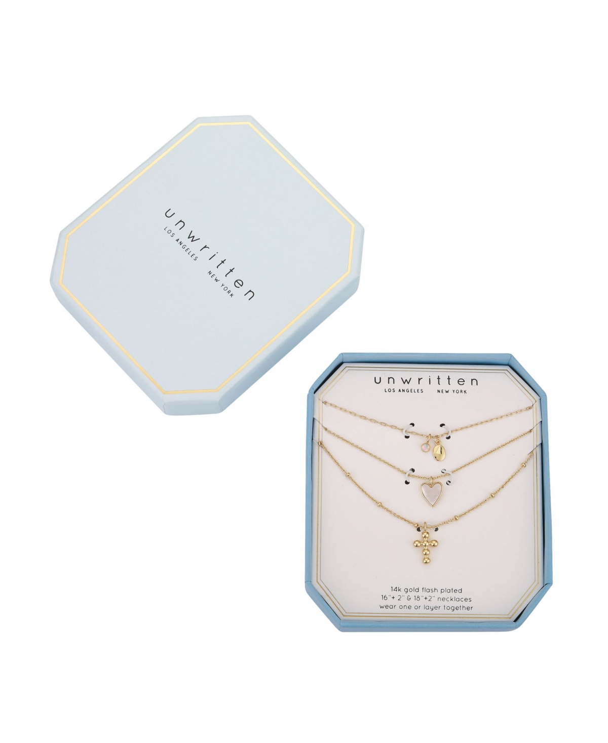 14K Gold Flash-Plated 3-Pieces Genuine Mother Of Pearl Heart and Cross Layered Pendants Set