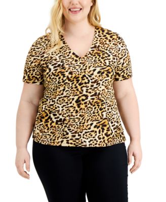 INC International Concepts - Plus Size Cheetah-Print Ribbed V-Neck Top