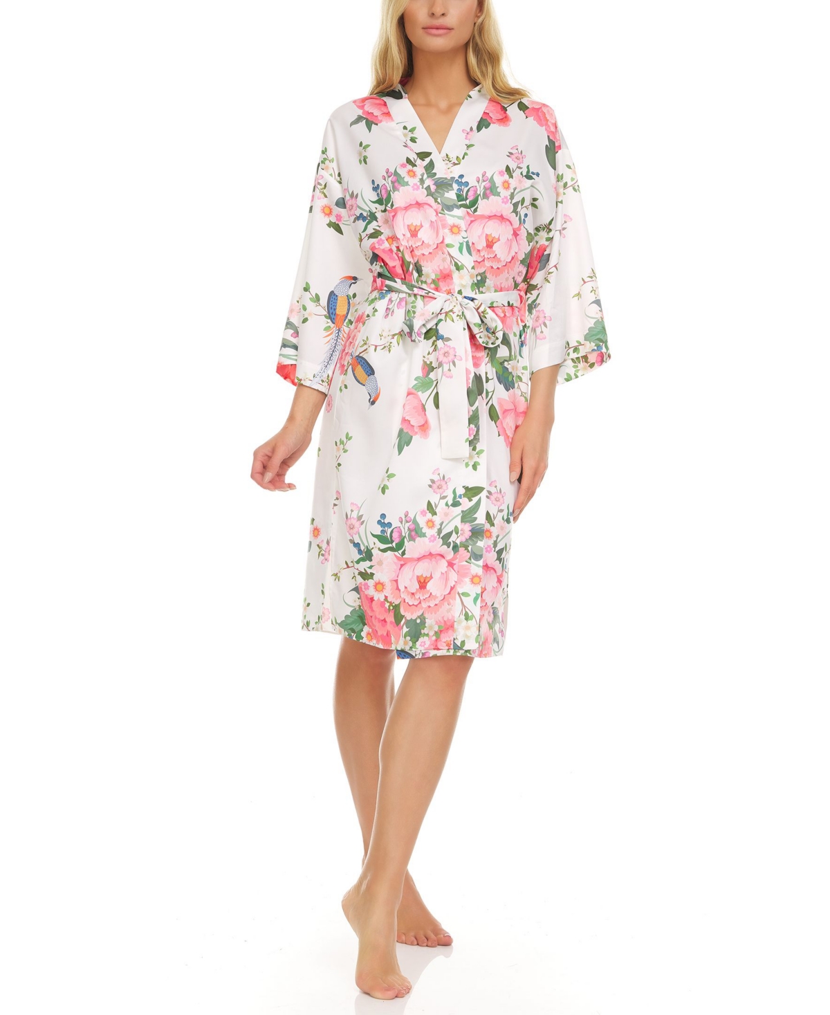 Flora Nikrooz Collection Women's Mckenzie Printed Charmeuse Mid Length Robe with Side Slit
